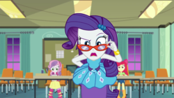 Size: 1280x720 | Tagged: safe, screencap, apple bloom, rarity, scootaloo, sweetie belle, equestria girls, equestria girls series, g4, happily ever after party, background human, bracelet, clothes, cutie mark crusaders, geode of shielding, glasses, gold, happily ever after party: rarity, jewelry, magical geodes, night, pencil skirt, pendant, pov, rarity peplum dress, rarity's glasses, skirt, sleeveless