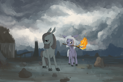 Size: 1200x800 | Tagged: safe, artist:celestiawept, limestone pie, marble pie, earth pony, pony, g4, cloud, depressing, female, fire, mare, one eye closed, open mouth, painting, rock farm, sad