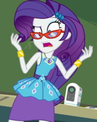 Size: 572x718 | Tagged: safe, screencap, rarity, equestria girls, equestria girls series, g4, happily ever after party, armpits, belt, bracelet, clothes, cropped, female, frilly design, geode of shielding, glasses, gold, happily ever after party: rarity, jewelry, magical geodes, open mouth, pencil skirt, pendant, projector, rarity peplum dress, skirt, sleeveless, solo, tank top