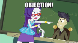 Size: 600x337 | Tagged: safe, edit, edited screencap, screencap, cranky doodle donkey, rarity, equestria girls, equestria girls series, g4, happily ever after party, ace attorney, bracelet, geode of shielding, glasses, glasses rarity, happily ever after party: rarity, image macro, jewelry, magical geodes, meme, memeful.com, objection, pointing, rarity's glasses