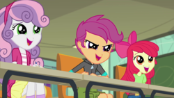 Size: 1280x720 | Tagged: safe, screencap, apple bloom, scootaloo, sweetie belle, equestria girls, g4, happily ever after party, happily ever after party: rarity, my little pony equestria girls: better together, >:), cute, cutie mark crusaders, female, smiling, smirk, trio, trio female