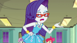 Size: 1280x720 | Tagged: safe, screencap, apple bloom, rarity, sweetie belle, equestria girls, g4, happily ever after party, happily ever after party: rarity, my little pony equestria girls: better together, bracelet, geode of shielding, glasses, jewelry, magical geodes, rarity's glasses