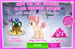 Size: 797x527 | Tagged: safe, gameloft, raspberry vinaigrette, earth pony, pony, g4, advertisement, costs real money, female, flower, gem, introduction card, judgy clerk pony, mare, potted plant, sale, short tail, solo, tent-a-bloom, tentacles