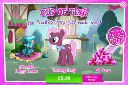 Size: 796x527 | Tagged: safe, gameloft, jasmine leaf, earth pony, pony, g4, advertisement, chase lounge, costs real money, fainting couch, female, gem, introduction card, mare, sale