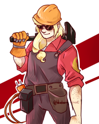 Size: 1024x1278 | Tagged: safe, artist:ghostofblueberries, applejack, human, g4, blonde, crossover, engiejack, engineer, engineer (tf2), female, helmet, humanized, parody, simple background, team fortress 2, woman, wrench