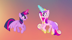 Size: 1439x807 | Tagged: safe, screencap, princess cadance, twilight sparkle, alicorn, pony, g4, three's a crowd, colored wings, duo, female, flying, glowing horn, gradient wings, horn, looking at each other, magic, magic aura, mare, open mouth, sisters-in-law, smiling, spread wings, twilight sparkle (alicorn), wings