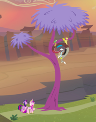Size: 641x809 | Tagged: safe, screencap, discord, princess cadance, twilight sparkle, alicorn, draconequus, pony, g4, three's a crowd, butt, cropped, female, lovebutt, male, mare, plot, sisters-in-law, thinking tree, tree, trio, twibutt, twilight sparkle (alicorn), upside down