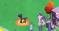 Size: 732x387 | Tagged: safe, gameloft, starlight glimmer, changeling, pony, unicorn, g4, excited, eyes closed, female, game screencap, gameloft shenanigans, happy, mare, prancing, trapped, tree