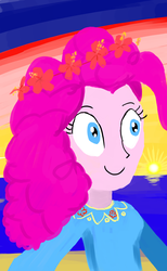 Size: 1600x2600 | Tagged: safe, artist:horsesplease, pinkie pie, equestria girls, g4, baju kurung, beach, clothes, dress, female, floral head wreath, flower, hibiscus, independence day, malay independence day, malaysia, ocean, smiling, solo, sun, sunrise