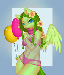 Size: 2117x2500 | Tagged: safe, artist:entarra, oc, oc only, oc:heady weed, pegasus, anthro, anthro oc, balloon, clothes, female, floral pony, flower, flower in hair, green pony, high res, mare, pegasus oc, solo, underwear