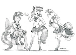 Size: 1400x1020 | Tagged: safe, artist:baron engel, apple bloom, scootaloo, sweetie belle, anthro, unguligrade anthro, g4, bow, clothes, cute, cutie mark crusaders, female, grayscale, legs, miniskirt, monochrome, pencil drawing, pleated skirt, school uniform, shoes, simple background, skateboard, sketch, skirt, skirtaloo, smiling, socks, thighs, traditional art, upskirt denied, white background