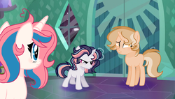 Size: 2412x1368 | Tagged: dead source, safe, artist:moon-rose-rosie, oc, oc only, oc:chocolate cupcake, oc:osphasi, oc:starelish, pony, unicorn, female, filly, mare, teenager, trio