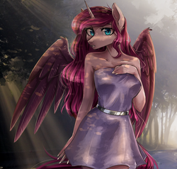 Size: 1000x950 | Tagged: safe, artist:alicesmitt31, oc, oc only, alicorn, anthro, alicorn oc, anthro oc, clothes, digital art, dress, female, gift art, hand on chest, looking at you, mare, nail polish, signature, solo