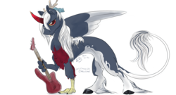 Size: 1280x692 | Tagged: safe, artist:firimil, oc, oc only, oc:chaos knight, hybrid, curved horn, digital art, guitar, horn, interspecies offspring, leonine tail, male, next generation, offspring, parent:discord, parent:nightmare moon, parents:nightmarecord, simple background, solo, stallion, white background