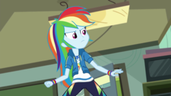 Size: 1280x720 | Tagged: safe, screencap, rainbow dash, equestria girls, g4, happily ever after party, happily ever after party: rainbow dash, my little pony equestria girls: better together, >:|, bracelet, clenched fist, clothes, cutie mark on clothes, female, geode of super speed, hoodie, jewelry, magical geodes, multicolored hair, necklace, pants, shirt, solo, sweatpants, wristband