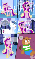 Size: 1650x2799 | Tagged: safe, artist:kunoichipikachu, princess cadance, princess flurry heart, shining armor, oc, oc:tibtep, g4, a royal throne, anime face, comic, couch, cute, incoming, macro/micro, micro, shocked, unaware