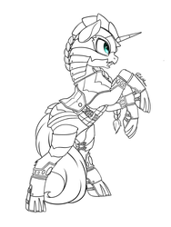 Size: 3000x4000 | Tagged: safe, artist:soulfulmirror, oc, oc only, oc:honey nevaeh, pony, unicorn, legends of equestria, armor, bipedal, female, helmet, lineart, solo, tail