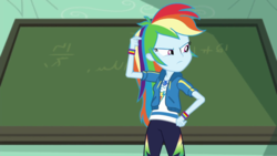 Size: 1280x720 | Tagged: safe, screencap, rainbow dash, equestria girls, g4, happily ever after party, happily ever after party: rainbow dash, my little pony equestria girls: better together, bracelet, chalkboard, clothes, cutie mark on clothes, female, geode of super speed, hmm, hoodie, i'm thinking, jewelry, magical geodes, necklace, pants, scratching head, shirt, solo, sweatpants