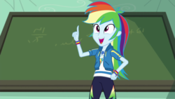 Size: 1280x720 | Tagged: safe, screencap, rainbow dash, equestria girls, g4, happily ever after party, happily ever after party: rainbow dash, my little pony equestria girls: better together, arms, bracelet, breasts, bust, canterlot high, chalkboard, classroom, clothes, cute, cutie mark on clothes, female, fingers, geode of super speed, grin, happy, hoodie, i have an idea, jewelry, leggings, legs, long hair, magical geodes, multicolored hair, necklace, open mouth, open smile, pointing, pose, school, shirt, short sleeves, smiling, solo, standing, teenager, teeth