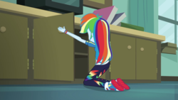 Size: 1280x720 | Tagged: safe, screencap, rainbow dash, equestria girls, g4, happily ever after party, happily ever after party: rainbow dash, my little pony equestria girls: better together, ass, butt, cabinet, converse, female, rainbutt dash, shoes, sneakers, solo