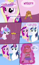 Size: 2400x4000 | Tagged: safe, artist:kunoichipikachu, princess cadance, princess flurry heart, shining armor, oc, oc:tibtep, pony, g4, angry, anime face, butt, cute, cuteness overload, flurrybetes, goofy, levitation, lovebutt, macro/micro, magic, micro, plot, silly, silly pony, sitting, stuck, telekinesis, tiny, unaware