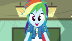 Size: 1280x720 | Tagged: safe, screencap, rainbow dash, equestria girls, g4, happily ever after party, happily ever after party: rainbow dash, my little pony equestria girls: better together, chalkboard, cute, dashabetes, female, geode of super speed, magical geodes, solo