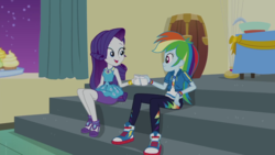 Size: 1280x720 | Tagged: safe, screencap, rainbow dash, rarity, equestria girls, g4, happily ever after party, happily ever after party: rainbow dash, my little pony equestria girls: better together, my little pony equestria girls: choose your own ending, converse, female, geode of shielding, geode of super speed, magical geodes, shoes, sneakers