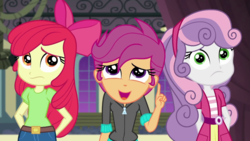 Size: 1280x720 | Tagged: safe, screencap, apple bloom, scootaloo, sweetie belle, equestria girls, g4, happily ever after party, happily ever after party: rainbow dash, my little pony equestria girls: better together, adorabloom, apple bloom's bow, bow, canterlot high, cute, cutealoo, cutie mark crusaders, diasweetes, hair bow