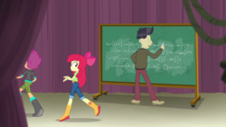Size: 1280x720 | Tagged: safe, screencap, apple bloom, cranky doodle donkey, scootaloo, equestria girls, g4, happily ever after party, happily ever after party: rainbow dash, my little pony equestria girls: better together, ass, boots, butt, chalkboard, shoes, sneaking