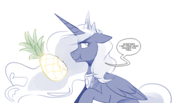Size: 1250x750 | Tagged: safe, artist:cosmalumi, nightmare moon, alicorn, pony, tumblr:ask queen moon, g4, cute, eating, female, floppy ears, food, herbivore, mare, pineapple, simple background, speech bubble, tumblr, white background