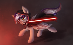 Size: 3138x1971 | Tagged: safe, artist:atlas-66, oc, oc only, pegasus, pony, clothes, lightsaber, mouth hold, running, sith, solo, star wars, weapon
