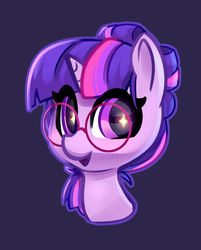 Size: 1596x1986 | Tagged: safe, artist:lilfunkman, twilight sparkle, pony, g4, alternate hairstyle, bust, cute, female, glasses, looking at you, mare, purple background, simple background, smiling, solo, twiabetes