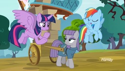 Size: 1920x1080 | Tagged: safe, screencap, maud pie, rainbow dash, twilight sparkle, alicorn, pony, g4, yakity-sax, cart, twilight sparkle (alicorn)