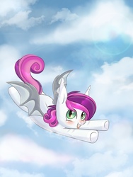 Size: 810x1080 | Tagged: safe, artist:pesty_skillengton, oc, oc only, unnamed oc, bat pony, pony, bat pony oc, cloud, cute, female, flying, sky, solo