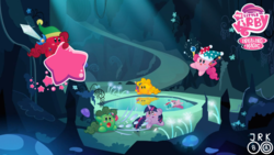 Size: 1024x576 | Tagged: safe, artist:jrk08004, pinkie pie, twilight sparkle, puffball, g4, cave, cave pool, crossover, green kirby, kirby, kirby & the amazing mirror, kirby (series), kirby pie, kirby twilight, kirbyfied, mirror pool, red kirby, star rod, sword, warp star, weapon, yellow kirby