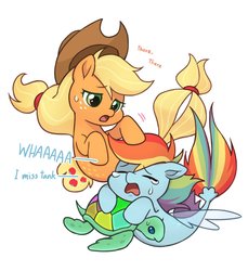 Size: 1100x1200 | Tagged: safe, artist:dcon, applejack, rainbow dash, pony, seapony (g4), turtle, g4, my little pony: the movie, crying, crying in the sea, duo, female, implied tank, mare, sea turtle, seaponified, seapony applejack, seapony rainbow dash, species swap, underwater