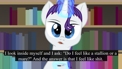 Size: 2870x1614 | Tagged: safe, artist:aaronmk, rarity, pony, unicorn, g4, alternate hairstyle, bookshelf, contrapoints, crossover, female, genderqueer, hair bun, levitation, looking at you, magic, male, mare, me irl, natalie wynn, open mouth, solo, subtitles, telekinesis, text, transgender, youtuber