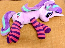 Size: 1024x768 | Tagged: safe, artist:nekokevin, starlight glimmer, pony, unicorn, series:nekokevin's glimmy, g4, clothes, cute, female, irl, lying down, mare, photo, plushie, smiling, socks, solo, striped socks
