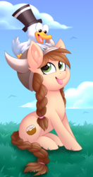 Size: 1652x3122 | Tagged: safe, artist:scarlet-spectrum, oc, oc only, oc:mrducknosa, oc:tvælåt, duck, earth pony, pony, braid, cloud, digital art, duo, female, grass, happy, hat, helmet, horned helmet, looking at each other, mare, open mouth, sky, tongue out, top hat, viking helmet