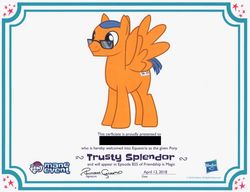 Size: 1575x1211 | Tagged: safe, trusty splendor, oc, oc only, pegasus, pony, g4, school raze, certificate, glasses, illustrious q, male, misspelling, shaved mane, short tail, simple background, solo, stallion, white background