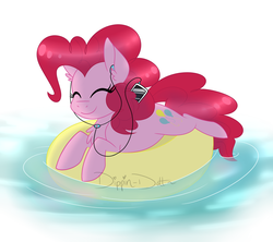 Size: 1280x1138 | Tagged: safe, artist:dippin-dott, pinkie pie, earth pony, pony, g4, chest fluff, cute, female, floating, inner tube, iphone, mare, prone, smiling, solo