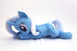 Size: 3000x2000 | Tagged: safe, artist:nekokevin, trixie, pony, unicorn, g4, cute, diatrixes, female, high res, irl, lying down, mare, photo, plushie, prone, simple background, smiling, solo, watermark, white background