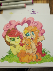 Size: 1440x1920 | Tagged: safe, artist:trish forstner, bright mac, pear butter, earth pony, pony, g4, cowboy hat, cute, duo, female, flower, flower in hair, hat, heart eyes, looking back, male, mare, marker drawing, raised hoof, stallion, traditional art, wingding eyes