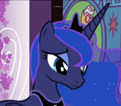 Size: 603x526 | Tagged: safe, screencap, princess luna, alicorn, pony, a royal problem, g4, animated, canterlot, canterlot castle, cropped, cute, female, gif, guilty, lavender, mare, sad, solo, stained glass, talking, walking, window