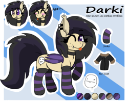 Size: 1217x984 | Tagged: safe, artist:darkwolfhybrid, oc, oc only, oc:darkius wolficus, bat pony, pony, :p, bat pony oc, blushing, chest fluff, clothes, collar, cute, ear piercing, expressions, female, fur coat, heterochromia, one eye closed, piercing, poker face, raised hoof, reference sheet, silly, socks, solo, striped socks, tongue out, wink