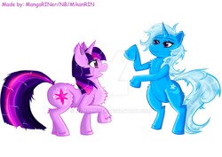 Size: 1024x724 | Tagged: safe, alternate version, artist:mangariner, trixie, twilight sparkle, g4, female, lesbian, obtrusive watermark, ship:twixie, shipping, watermark