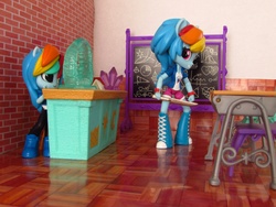 Size: 2000x1500 | Tagged: safe, artist:whatthehell!?, rainbow dash, equestria girls, g4, chair, chalkboard, classroom, clothes, desk, doll, equestria girls minis, eqventures of the minis, gem, irl, knife, photo, ponied up, toy, ultraminis
