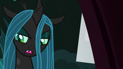 Size: 1280x720 | Tagged: safe, screencap, queen chrysalis, changeling, changeling queen, g4, the mean 6, female, open mouth, photo, picture, solo, tree