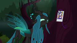 Size: 1280x720 | Tagged: safe, screencap, queen chrysalis, rarity, changeling, changeling queen, pony, unicorn, g4, the mean 6, female, hair, picture, side view, solo, tree
