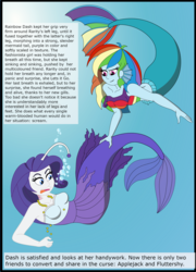 Size: 2124x2955 | Tagged: safe, artist:physicrodrigo, edit, editor:rmzero, part of a set, rainbow dash, rarity, angler fish, mermaid, series:equestria mermaids, equestria girls, g4, clothes, curse, cursed, dialogue, dress, gills, grin, high res, jewelry, mermaidized, midriff, necklace, ocean, part of a series, pearl, pearl necklace, smiling, species swap, text